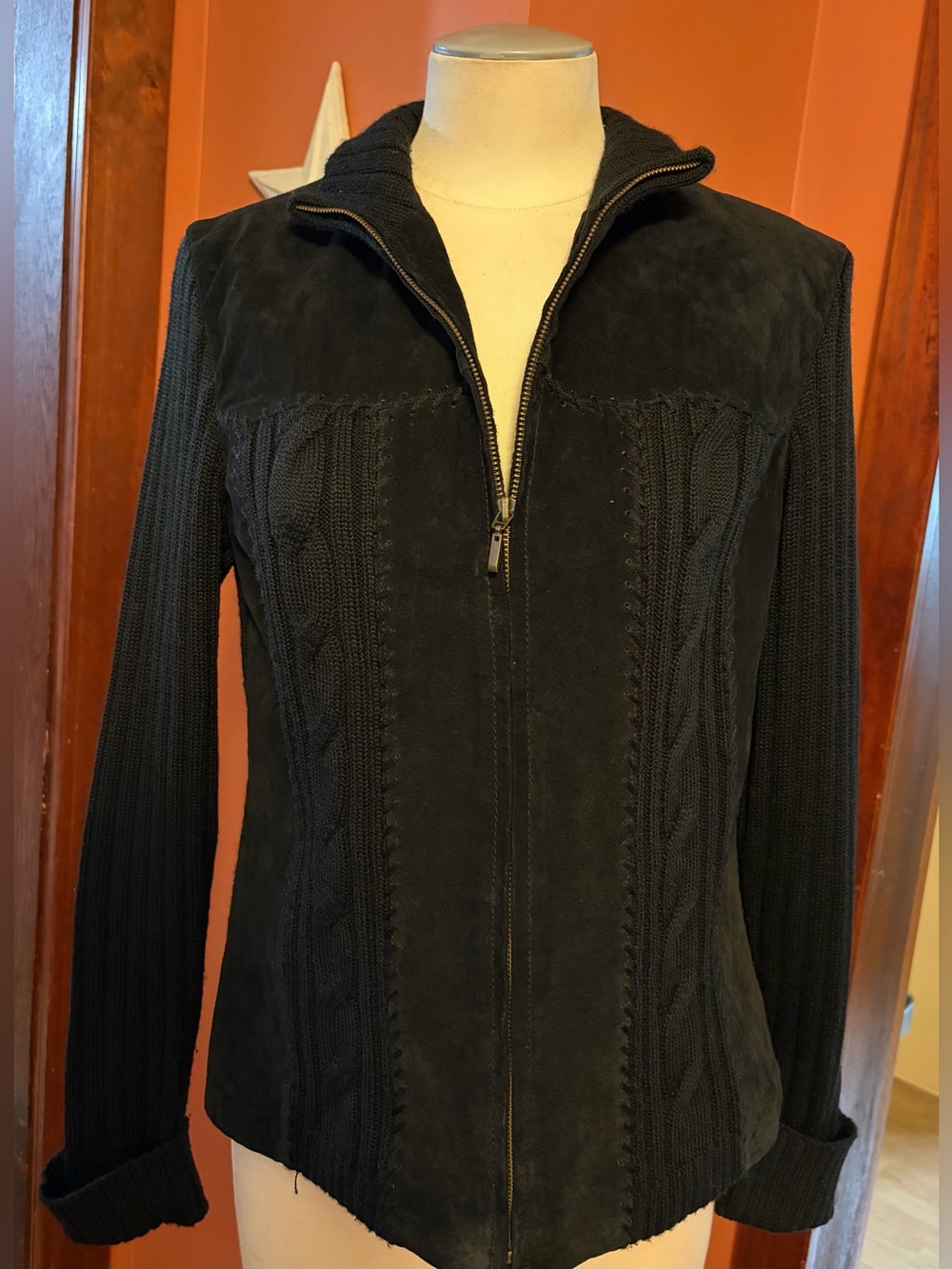 Women’s Black Zip-Front Suede & Knit Jacket